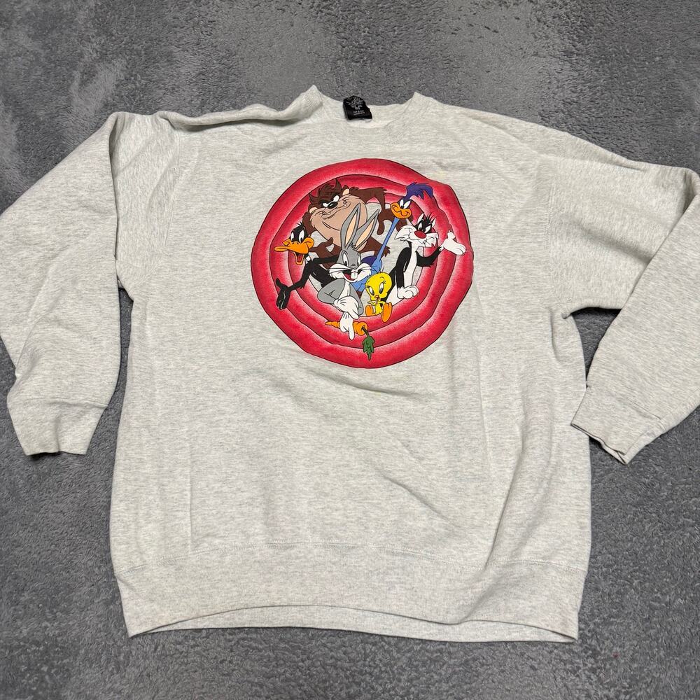 Warner Bros Looney Tunes Sweatshirt Mens XL Gray Vintage USA Front Back Graphic